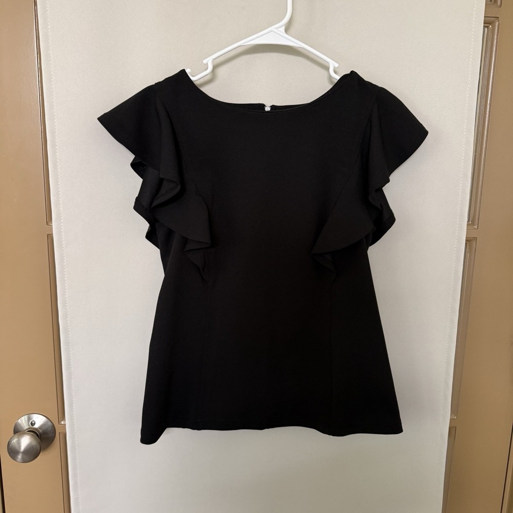 Melloday Womens XS Black Short Flutter Sleeve Blouse Zipper Ruffle Round Neck